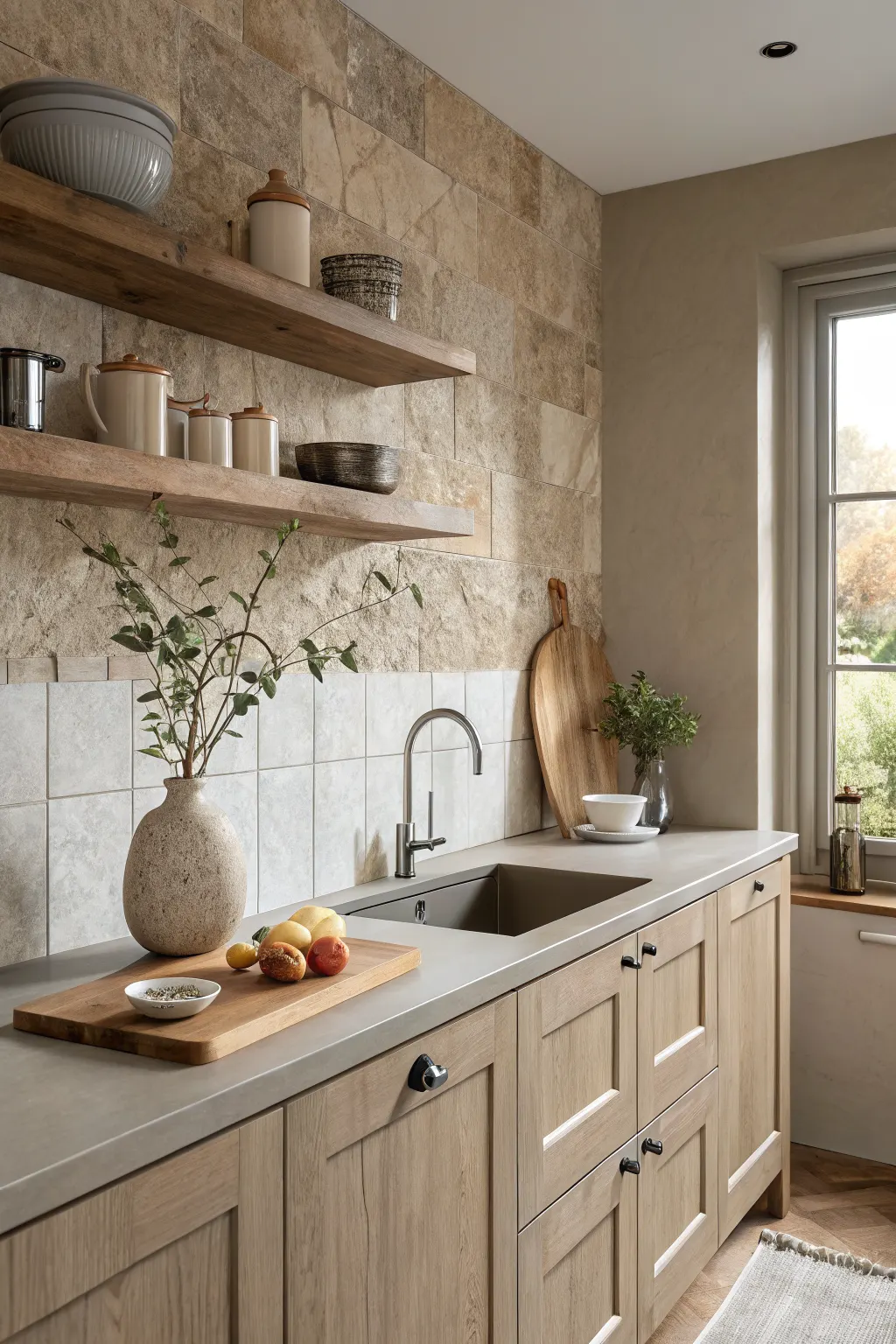 Modern kitchen with textured stone-look wall tiles, taupe cabinets, and light wood accents in an earthy neutral palette.