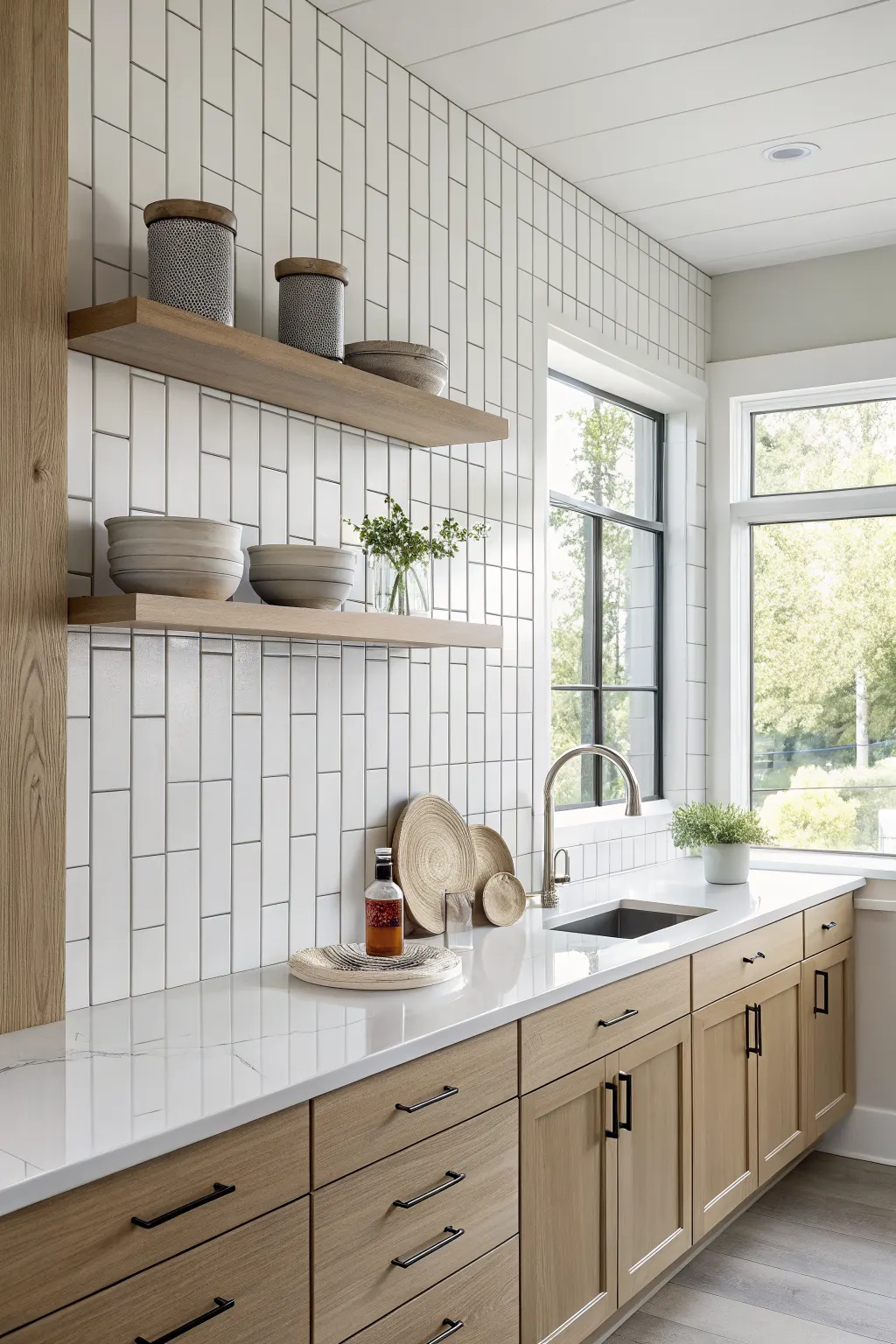 Modern kitchen with white wall tiles ideas shown as vertically stacked subway tiles, light oak slab cabinets, and a pale