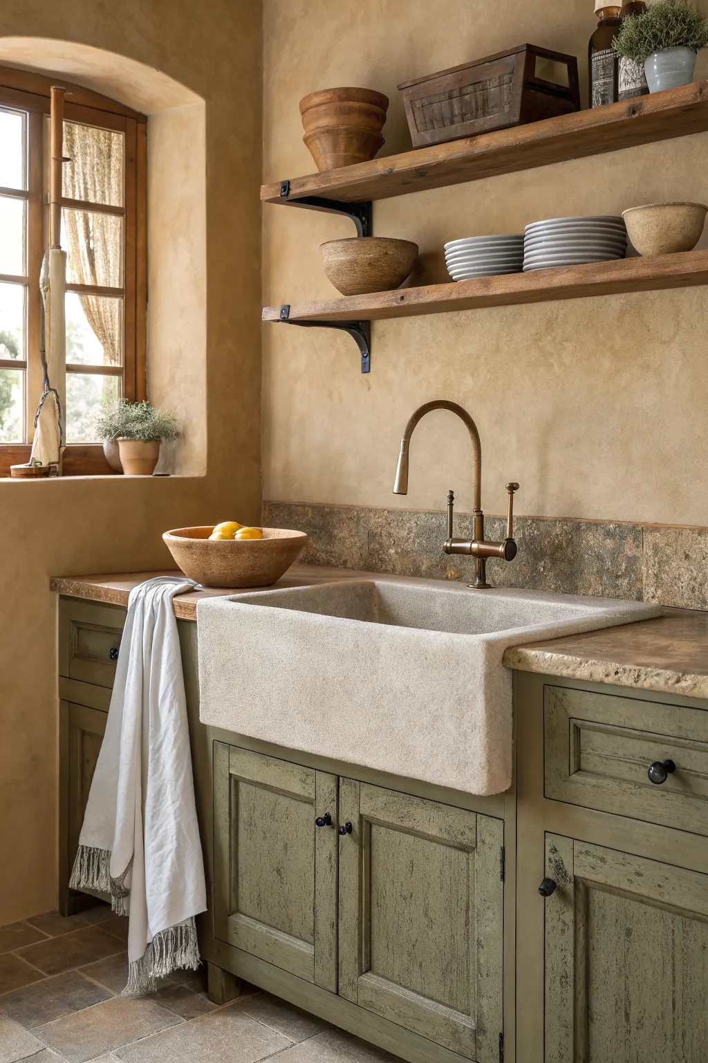 25 Farmhouse Kitchen Sink Ideas for a Charming, Timeless Kitchen Natural stone apron-front sink with olive cabinets, textured tile, wood shelves, and linen accents in an earthy farmhouse