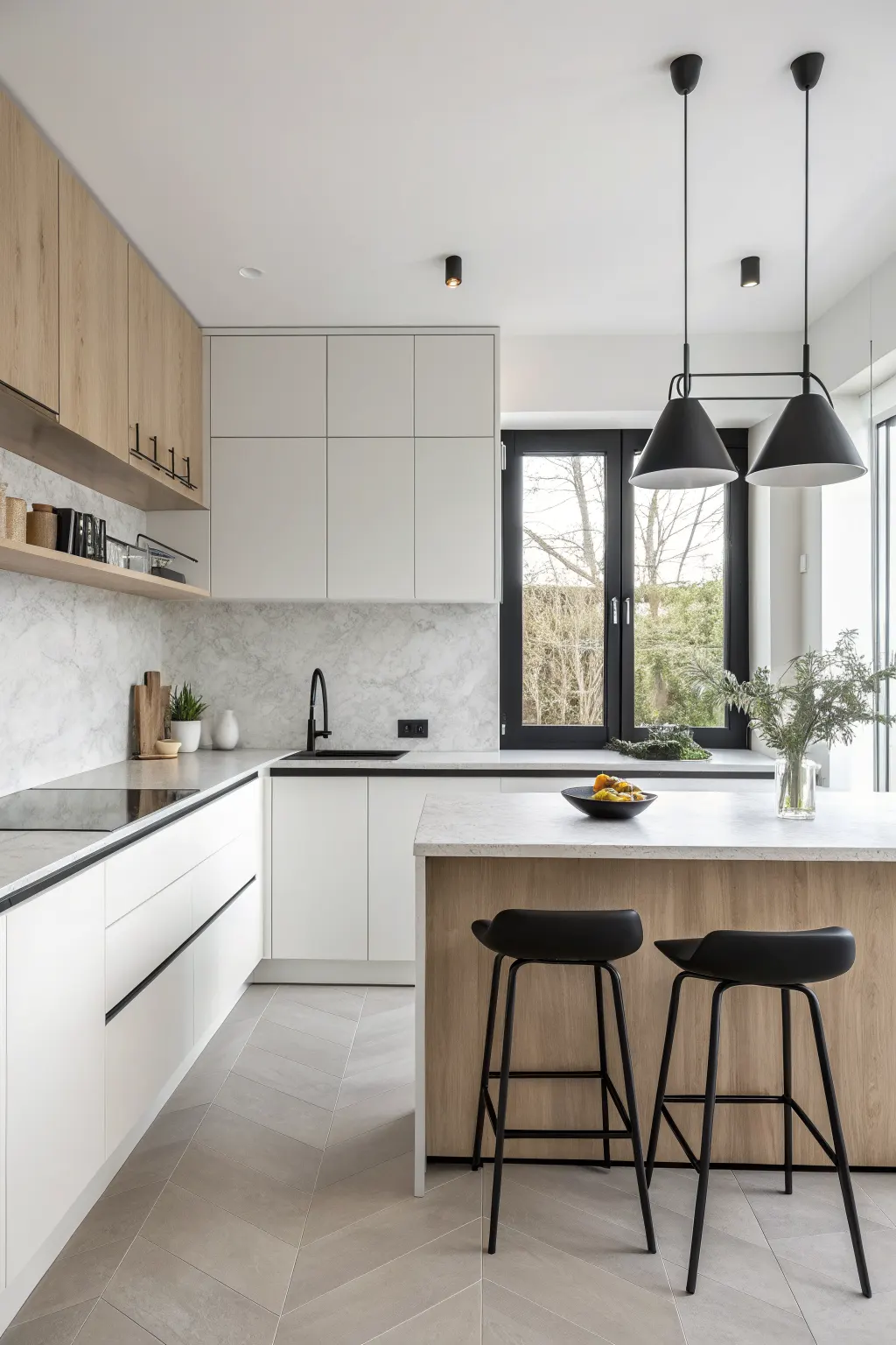 Neutral minimalist kitchen with white cabinets, pale wood finishes, and matte black faucet, hardware, pendants, and