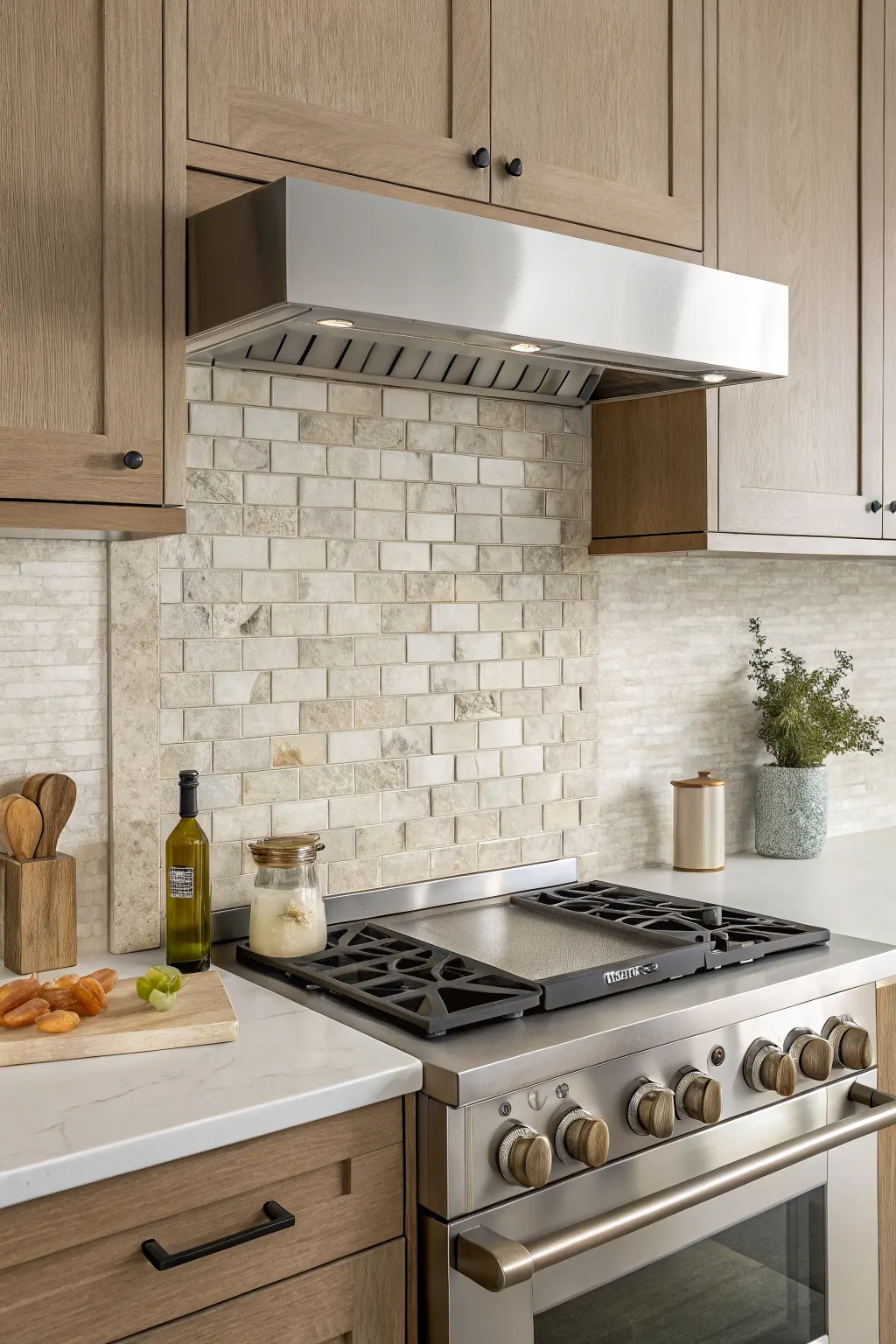 Neutral mosaic tile backsplash behind stainless steel range, with light wood cabinets and white countertops