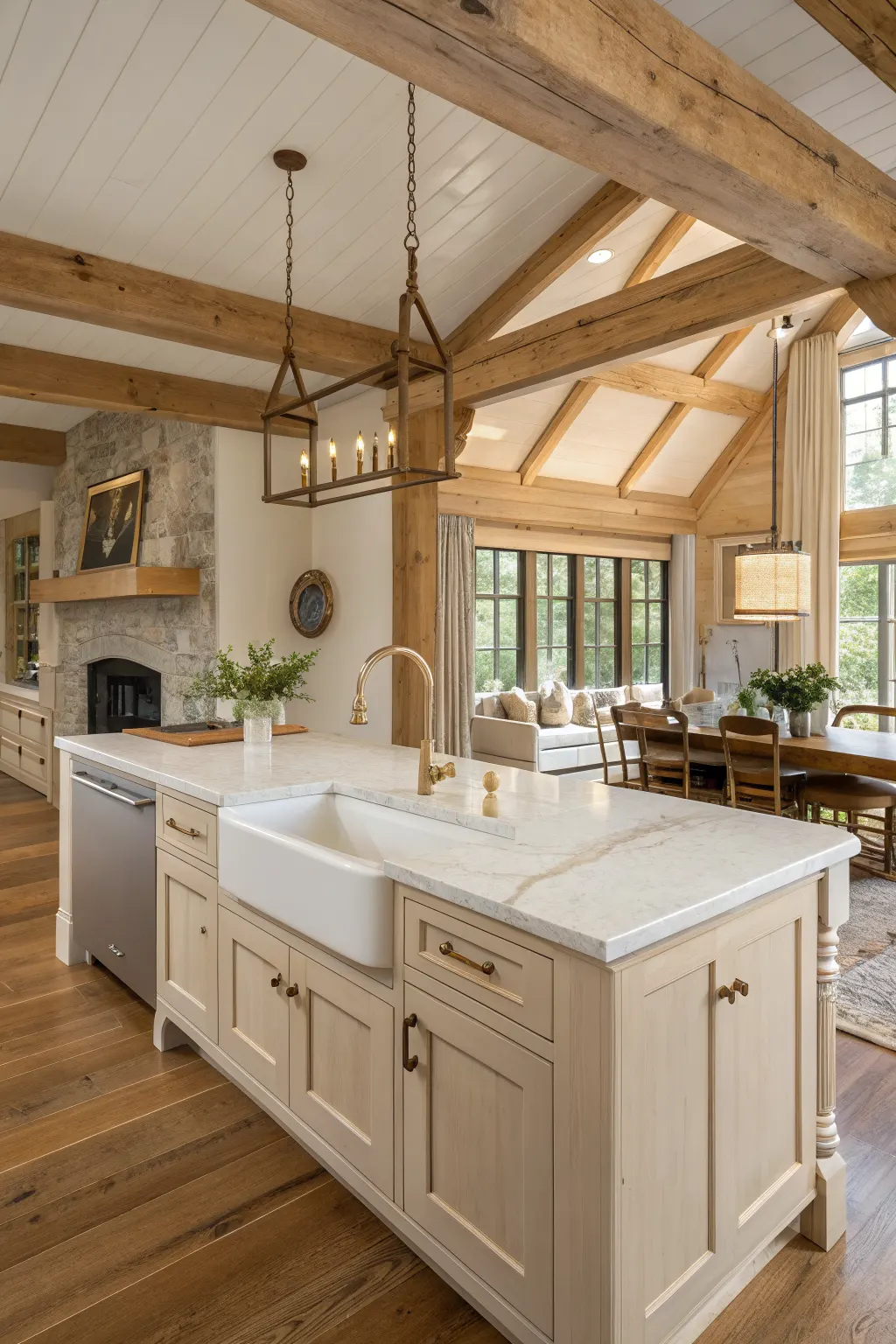 25 Farmhouse Kitchen Sink Ideas for a Charming, Timeless Kitchen Open-concept farmhouse kitchen with a large apron-front sink on a central island, tying together wood, stone, and brass