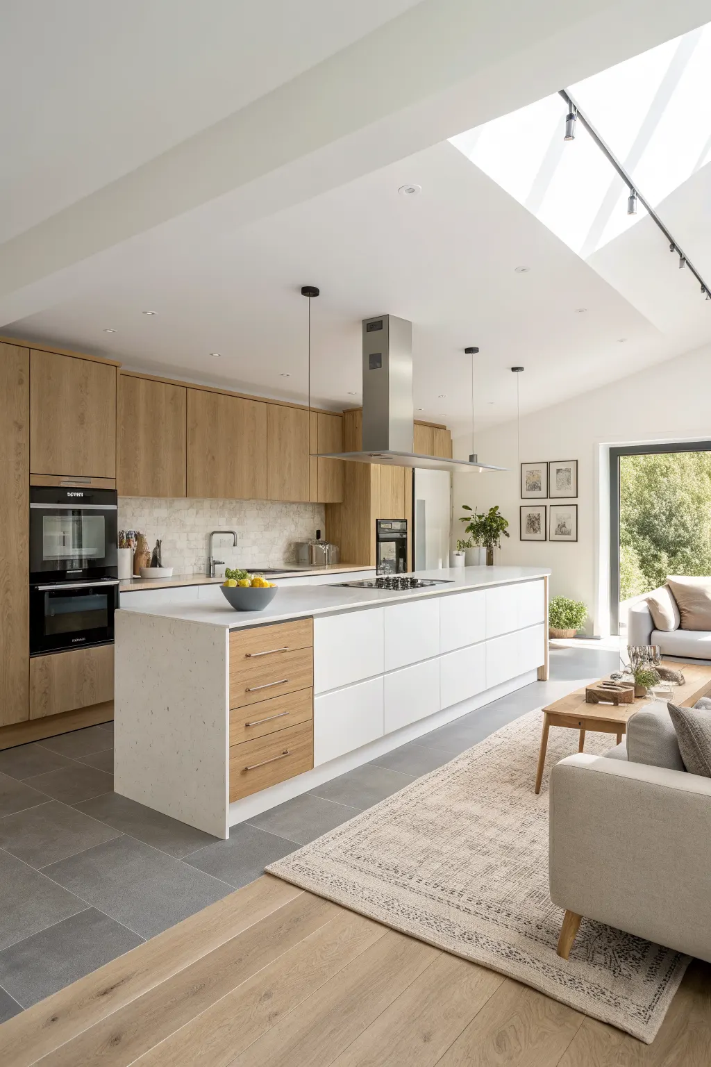 Open-plan minimalist kitchen with white and oak cabinetry, integrated appliances, stone island, and a connected neutral