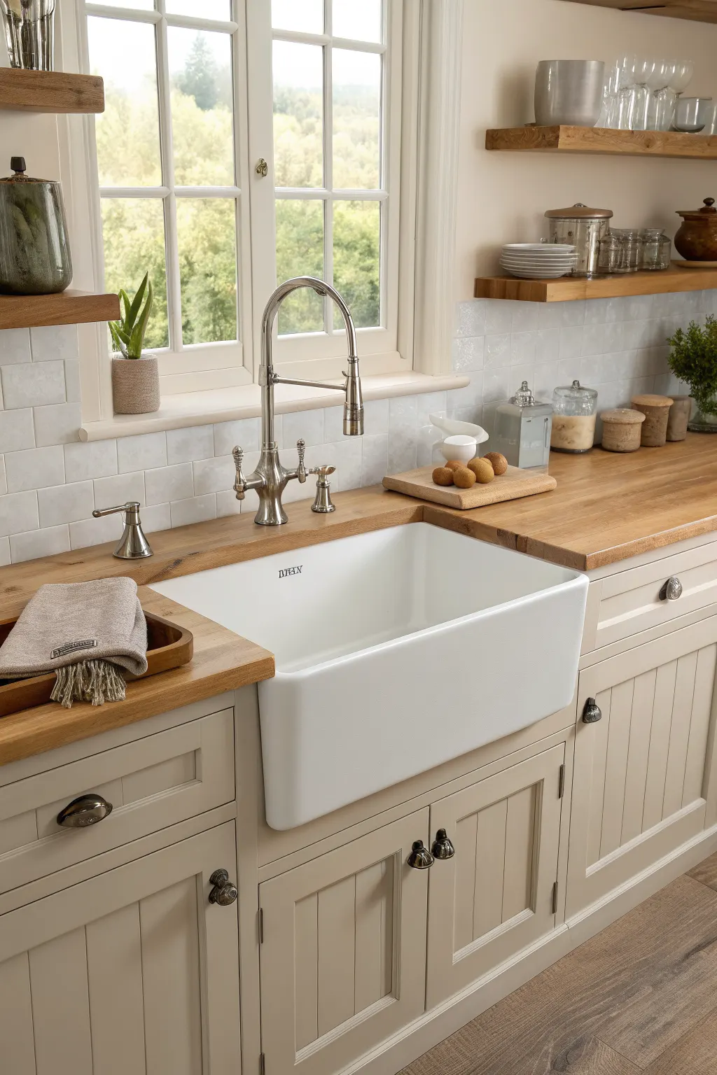 25 Farmhouse Kitchen Sink Ideas for a Charming, Timeless Kitchen Oversized single-basin apron-front sink with a pull-down faucet and bottom grid in a warm farmhouse kitchen, sized for large
