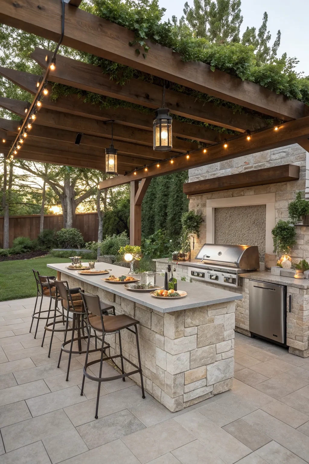 Pergola-covered stone outdoor kitchen with grill, bar stools, pendant lights, and string lights in backyard
