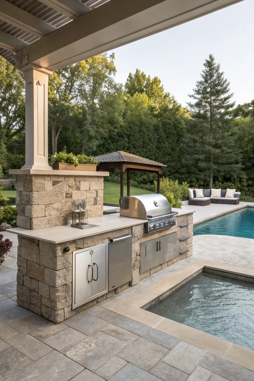 Poolside outdoor kitchen ideas with a built-in grill and pass-through counter beside a backyard swimming pool.