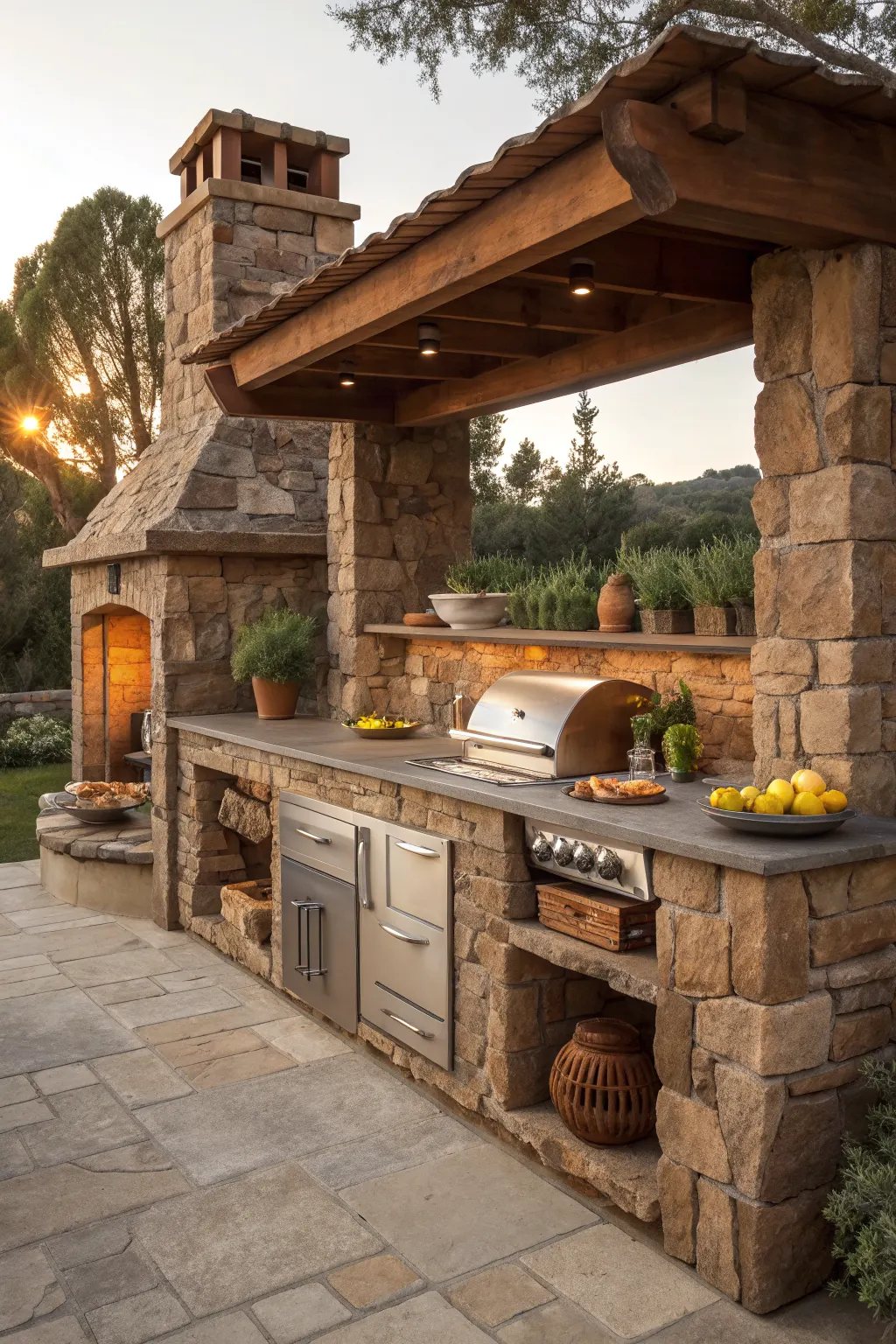 Rustic stacked stone outdoor kitchen with reclaimed wood shelves, thick counters, and warm lighting in a landscaped backyard.