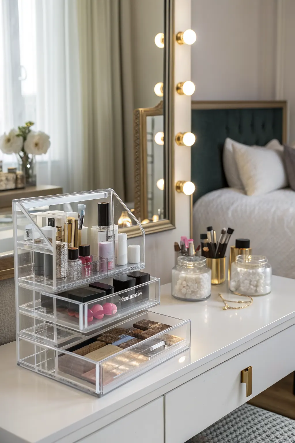 Clear acrylic makeup organizer on white vanity with lighted mirror in a soft bedroom