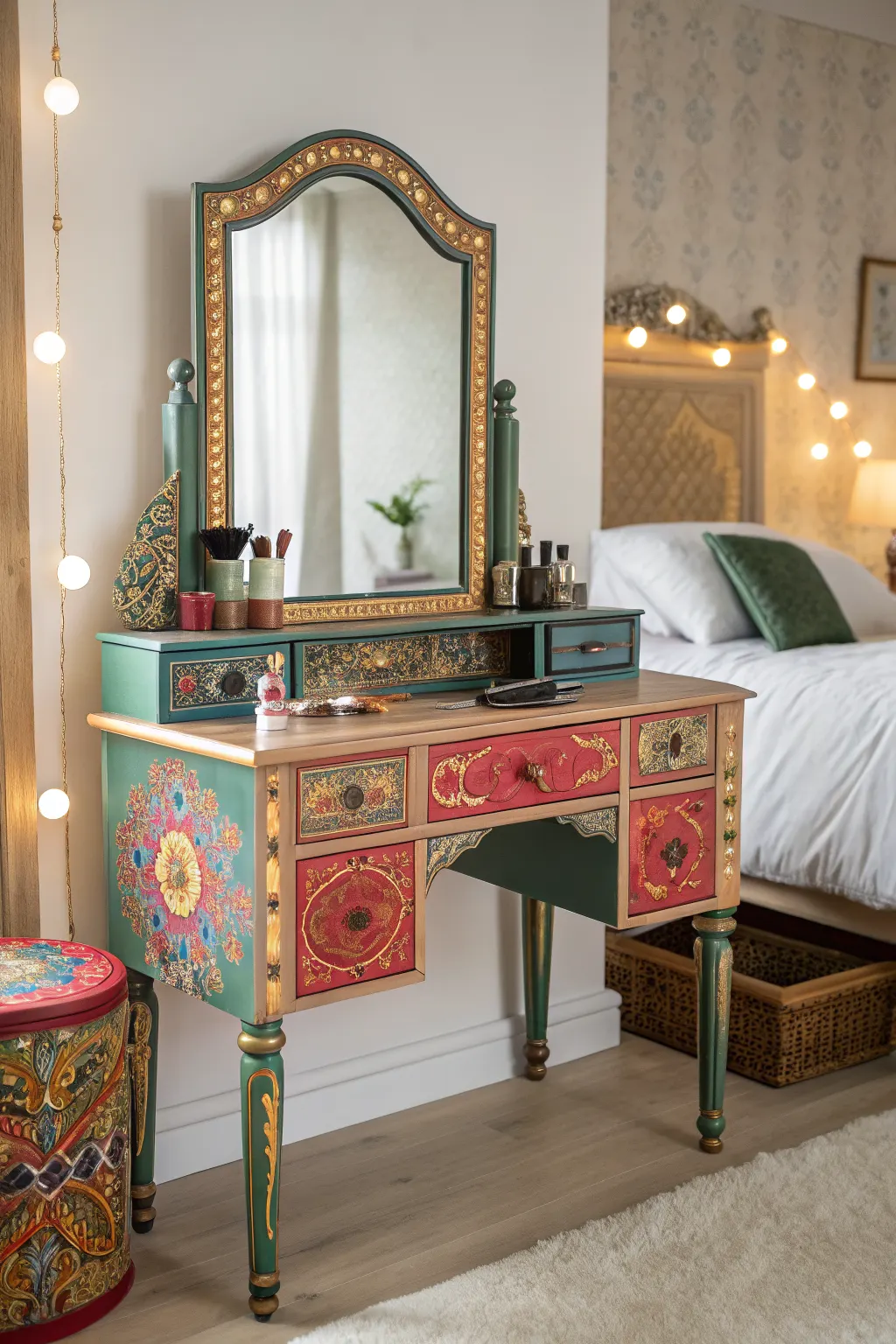 Colorful painted vanity with ornate mirror and floral patterns beside a softly lit bed