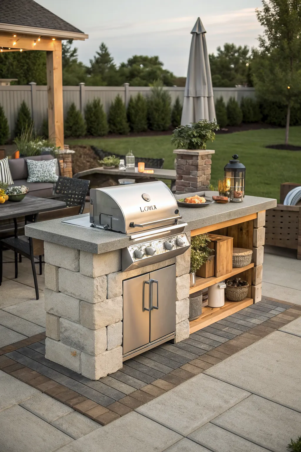 Small stone grill island with stainless grill, gray countertop, and wooden shelves on a backyard patio