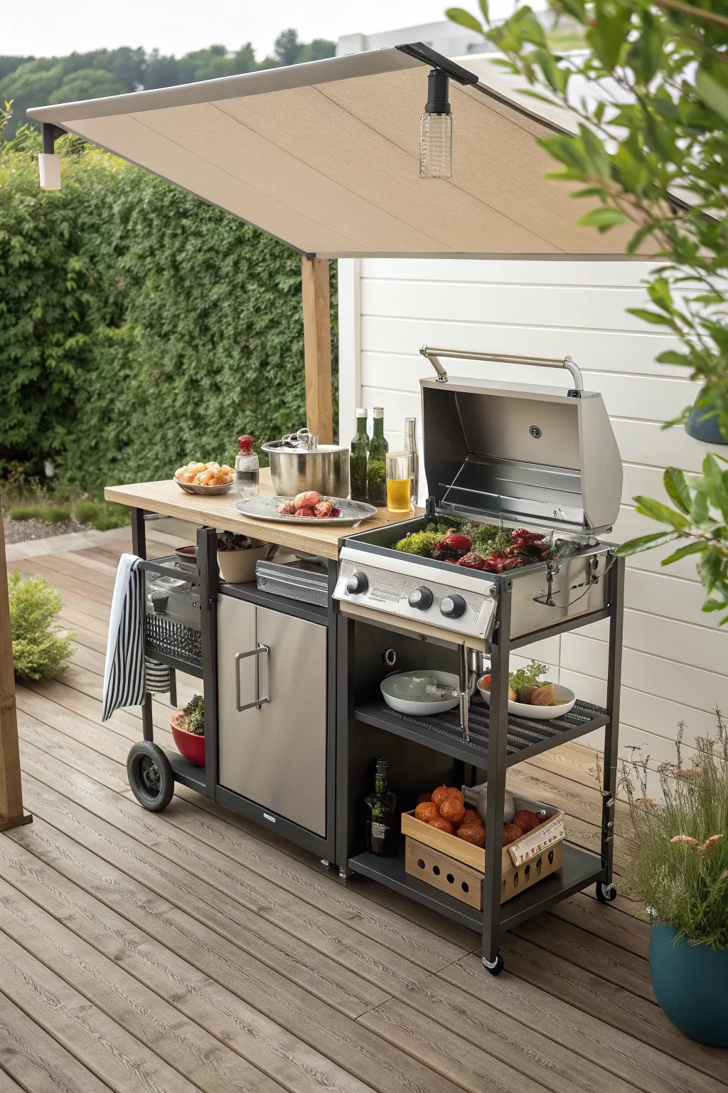 Rolling outdoor kitchen cart with grill and prep shelf under a patio awning on a wooden deck