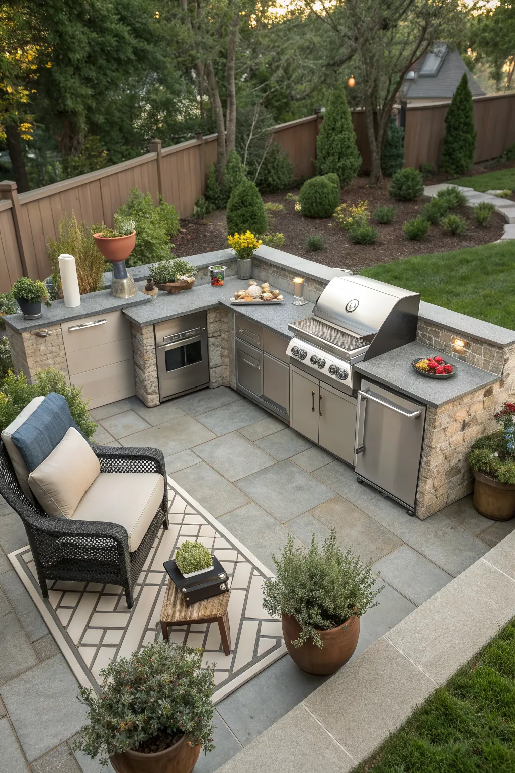 Compact L-shaped patio kitchen with stone counters, stainless grill and oven, chair, and garden backdrop