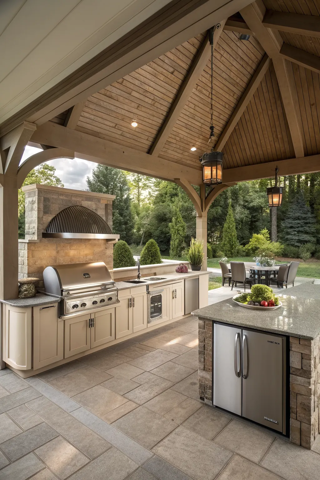 Covered patio kitchen with grill, sink, stone pizza oven, and dining table under wood-beam ceiling