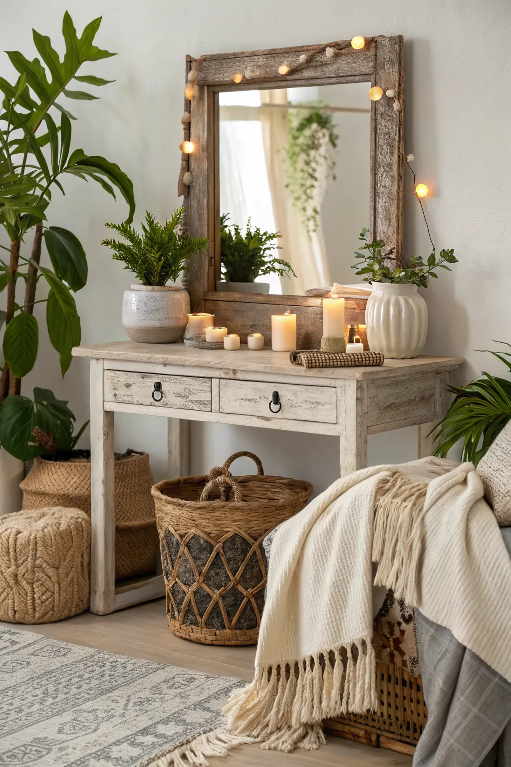 Rustic white vanity with wooden mirror, candles, string lights, woven baskets, and lush green plants