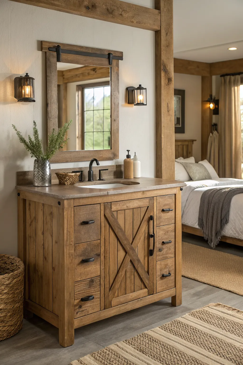 Rustic wood farmhouse vanity with sliding mirror, black sconces, and sink beside a cozy bedroom