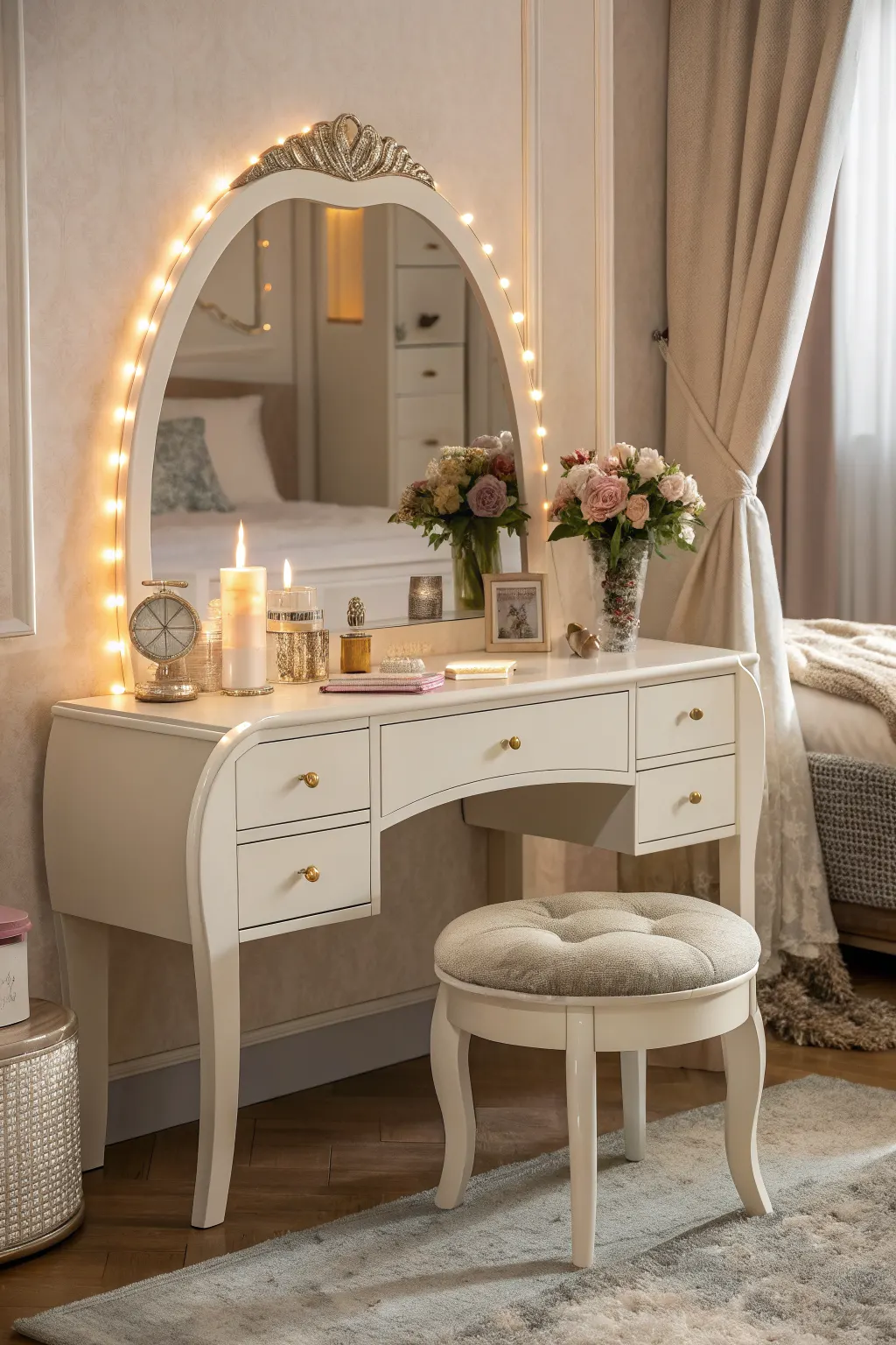 White curved bedroom vanity with arched lit mirror, candles, flowers, and cushioned round stool