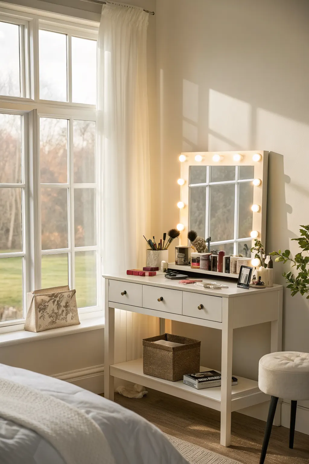 White vanity with lit mirror beside tall window, makeup and stool in bright bedroom corner