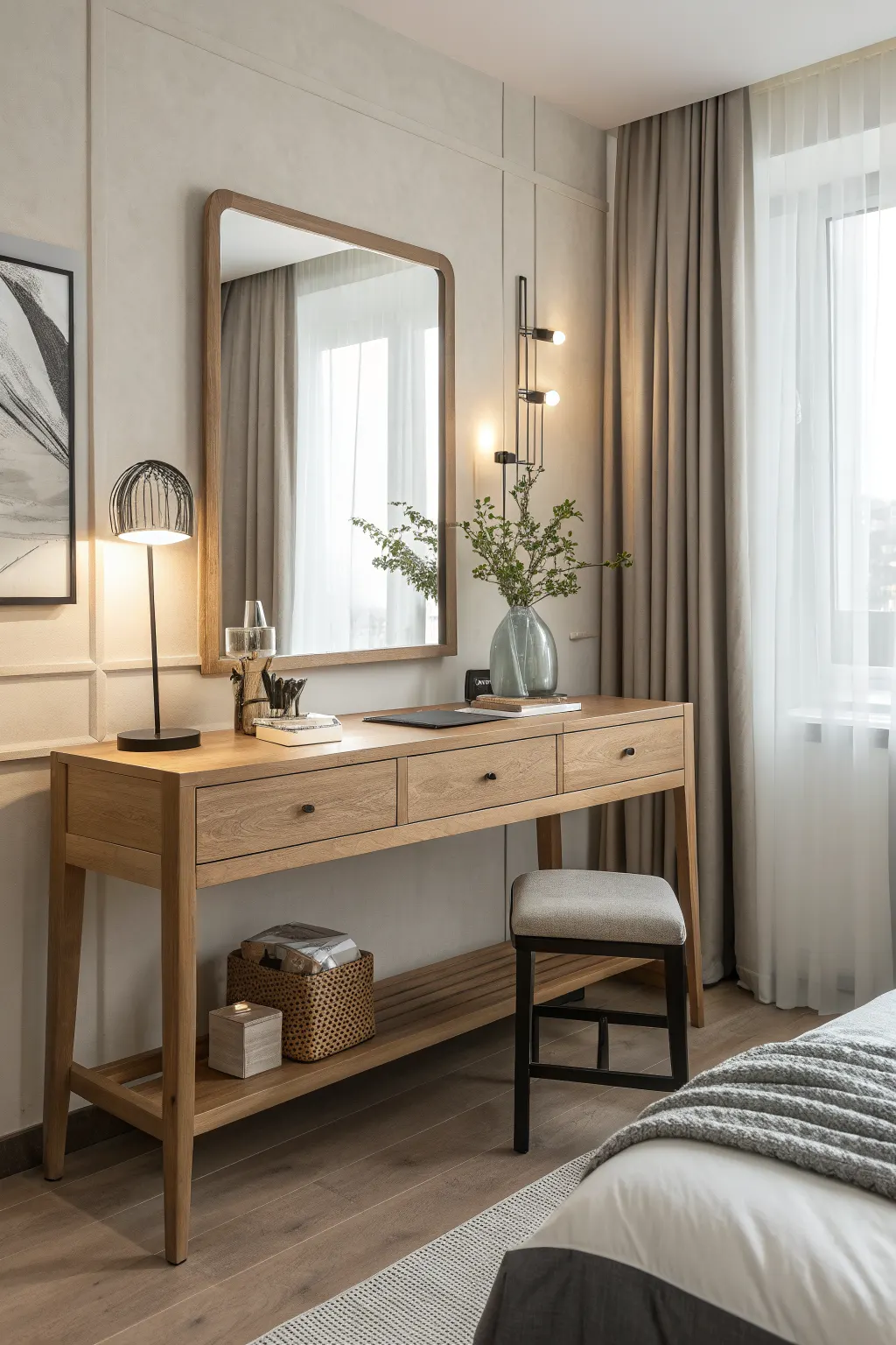 Light wood vanity with tall mirror, stool, and lamp beside sheer-curtained bedroom window