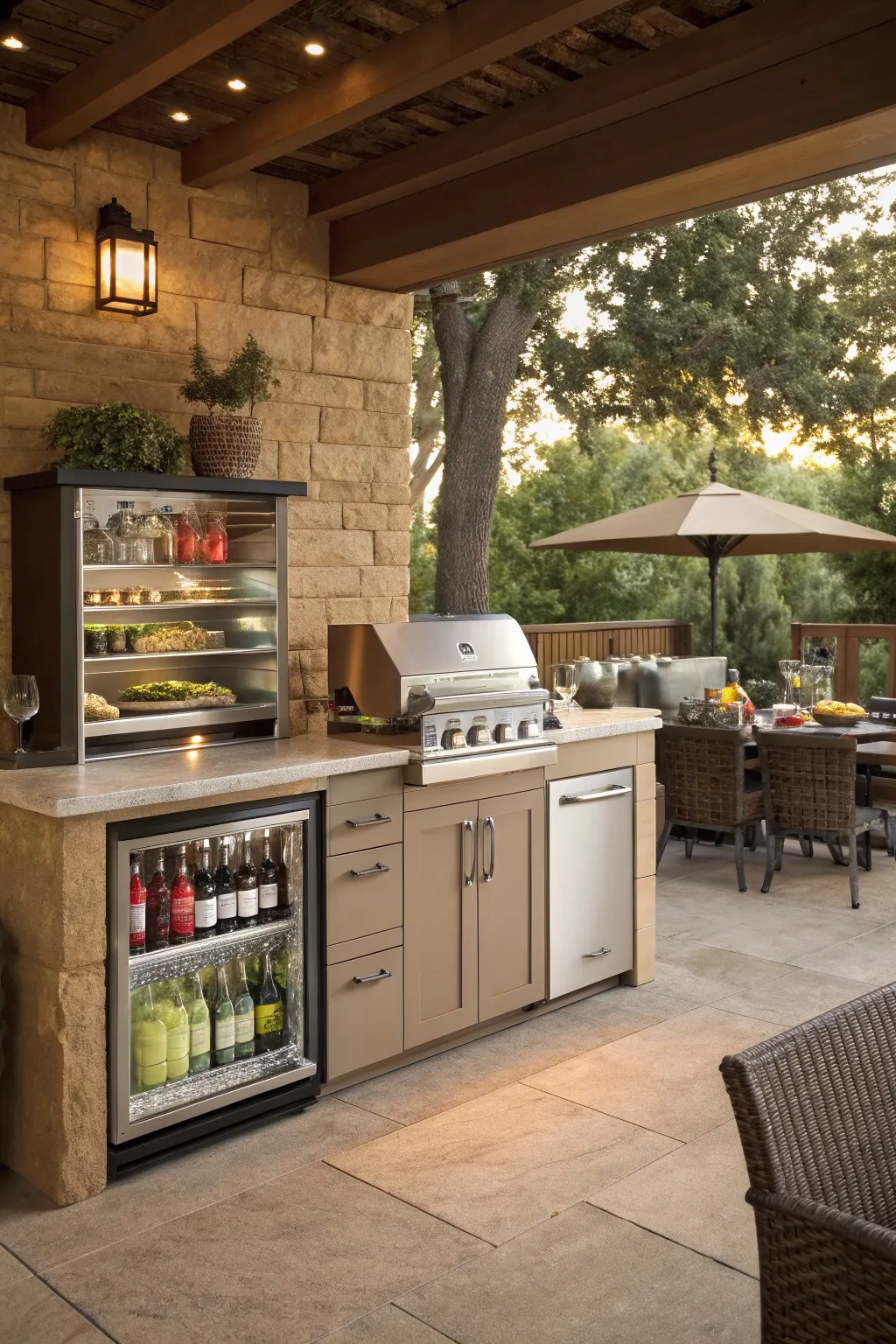 Covered stone patio kitchen with grill, beverage fridges, and outdoor dining table under umbrella