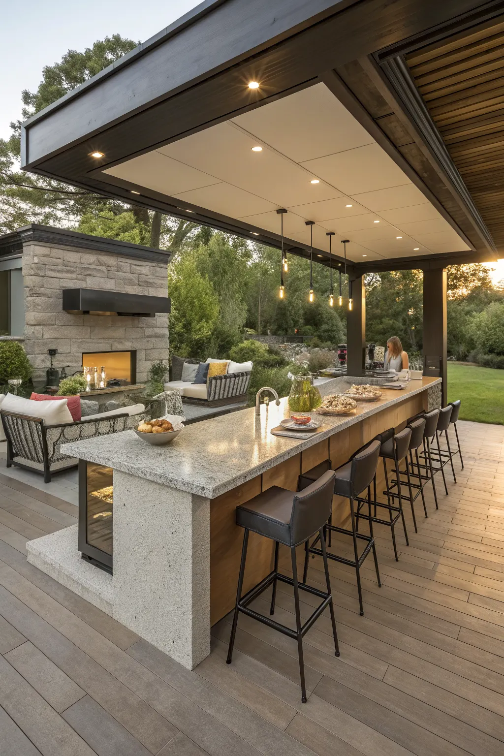 Covered outdoor kitchen with long stone serving counter, bar stools, pendant lights, and lounge fireplace