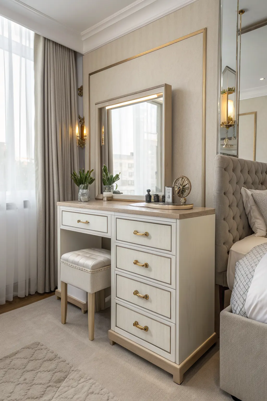 Cream bedroom vanity with mirror, drawers, and stool beside a tufted bed and sheer curtains
