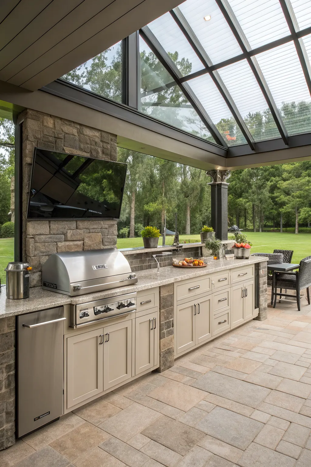 Covered outdoor kitchen with stone grill wall, skylight roof, cream cabinets, and patio seating
