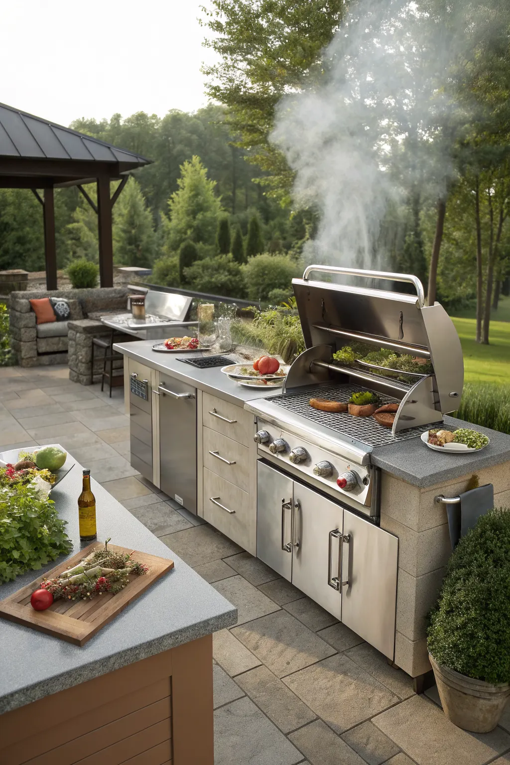 Stainless steel outdoor grill and smoker with prep station on a stone patio, smoke rising