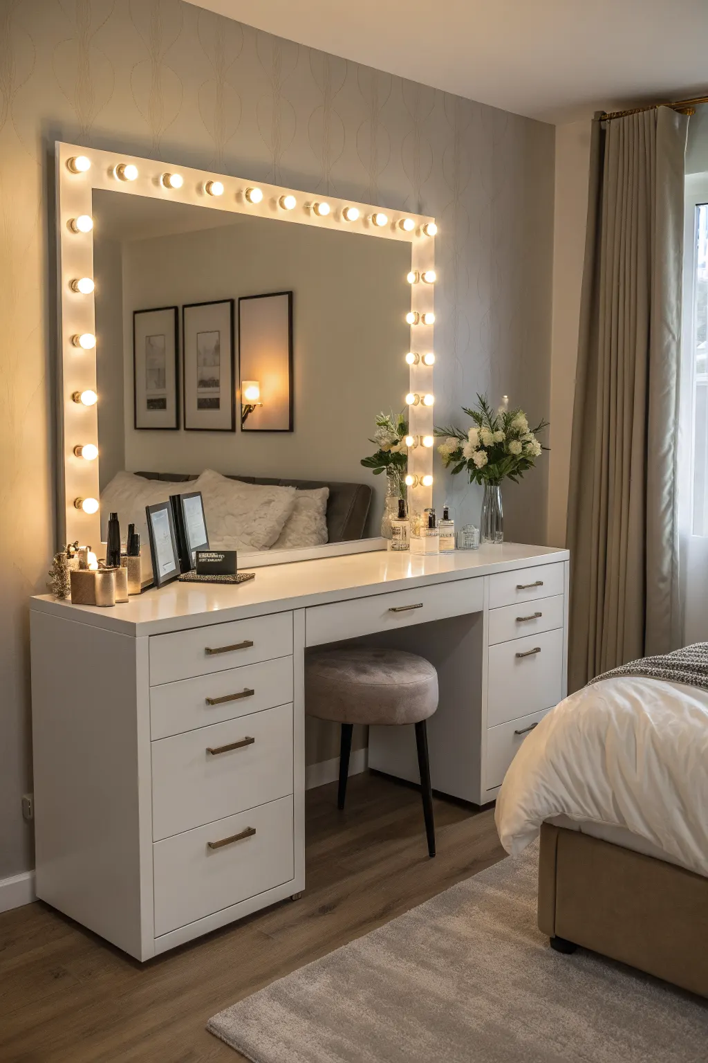 White bedroom vanity with lit bulb mirror, stool, flowers, and makeup beside a bed