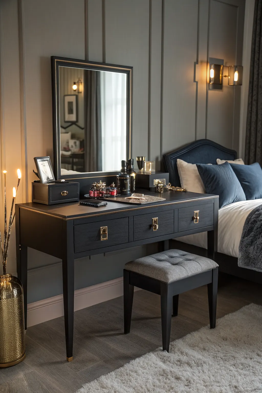 Dark blue bedroom vanity with mirror, gray stool, and warm wall sconces beside upholstered bed