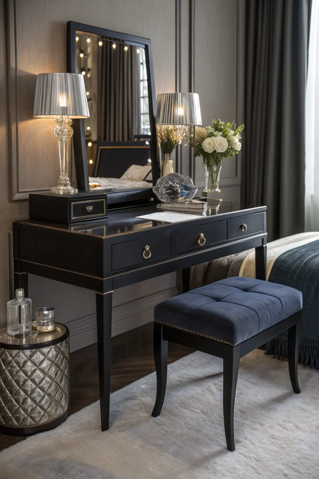 Dark navy bedroom vanity with mirror, crystal lamps, white roses, and blue cushioned bench