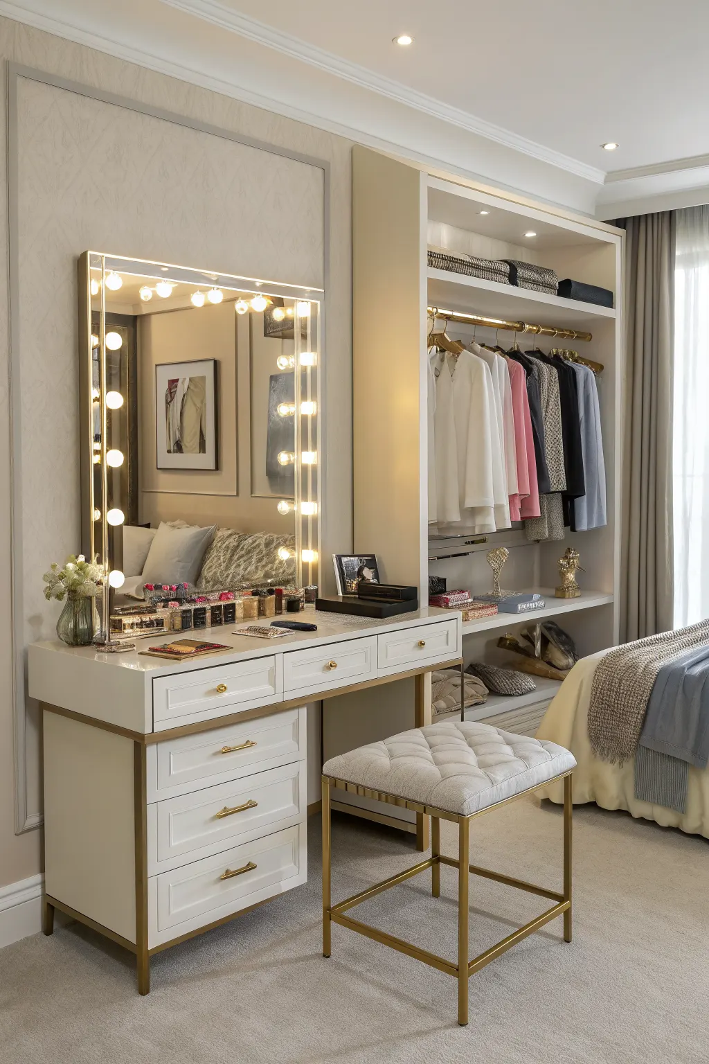 White vanity with lit mirror, tufted stool, and open clothing rack beside a neatly made bed