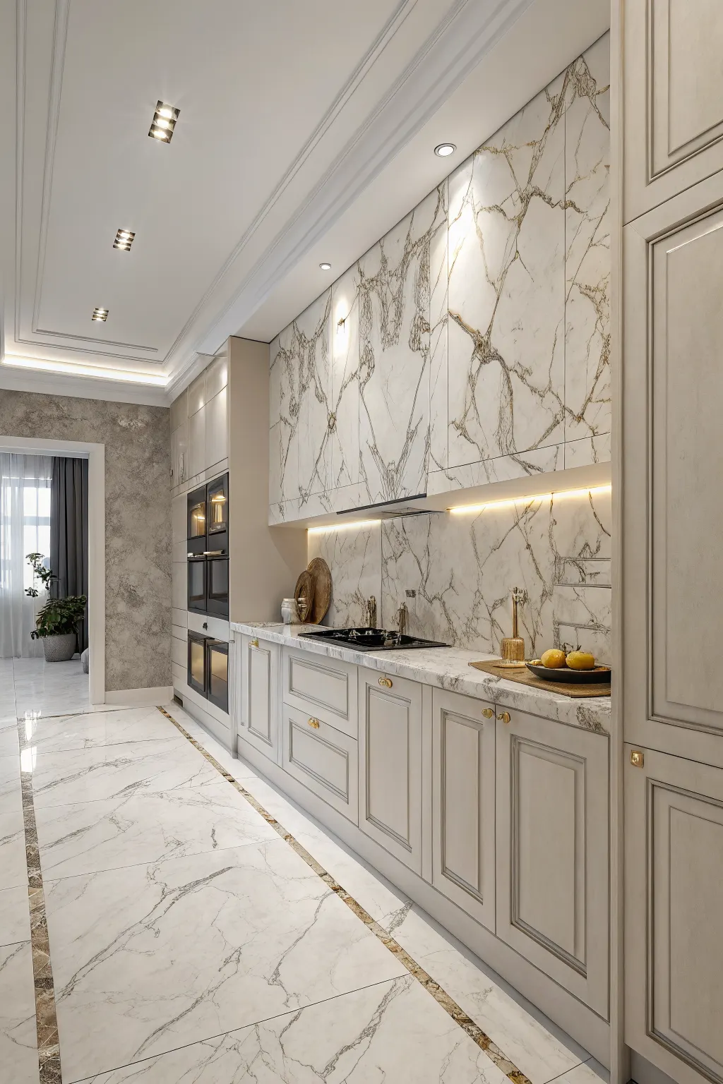 Luxury kitchen with white marble-look wall tiles, matching floor, and cream paneled cabinets