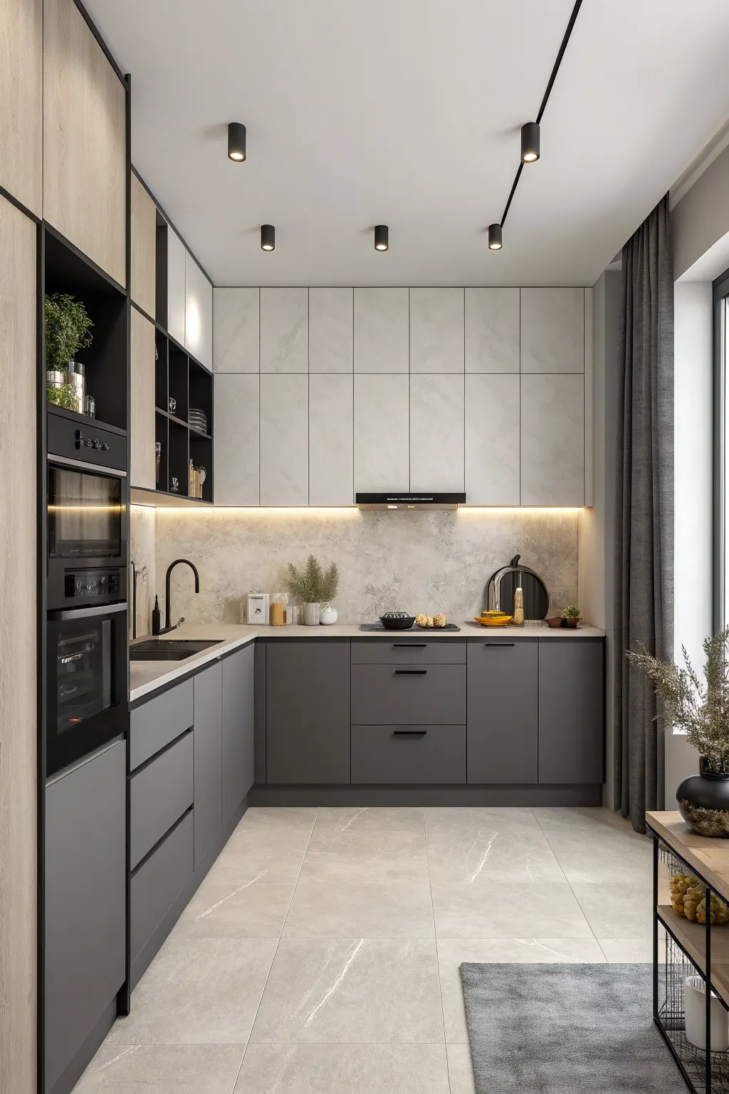 Minimalist kitchen with gray cabinets, black appliances, pale wood panels, and under-cabinet lighting