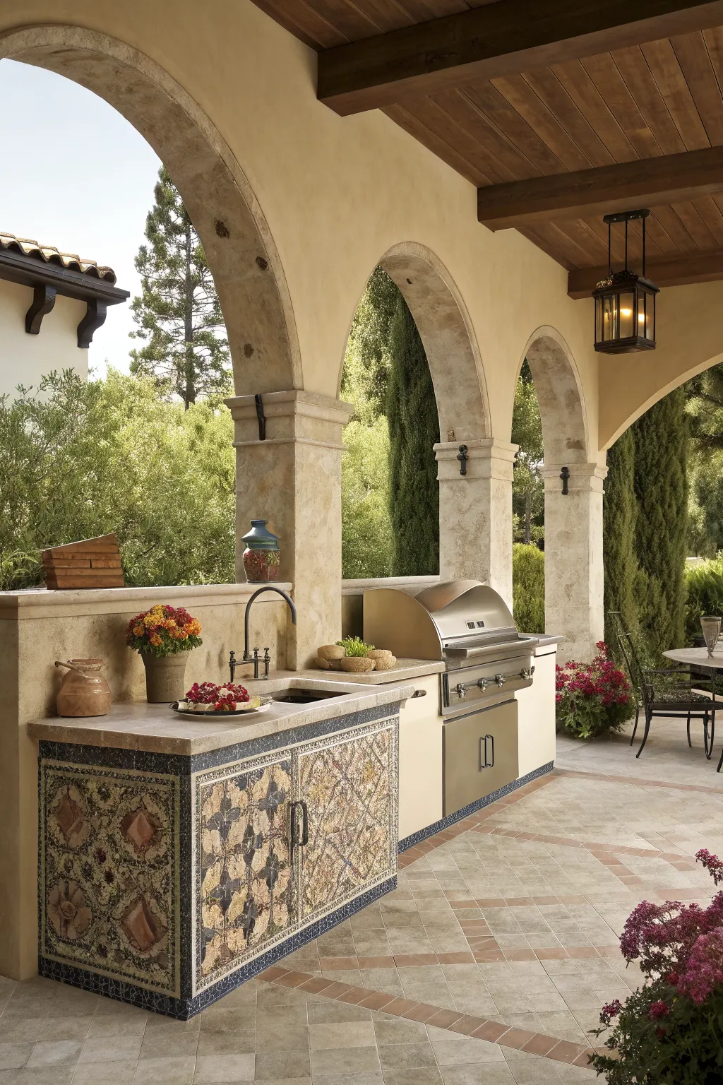 Mediterranean outdoor kitchen with stucco arches, patterned tile island, grill, and stone patio seating