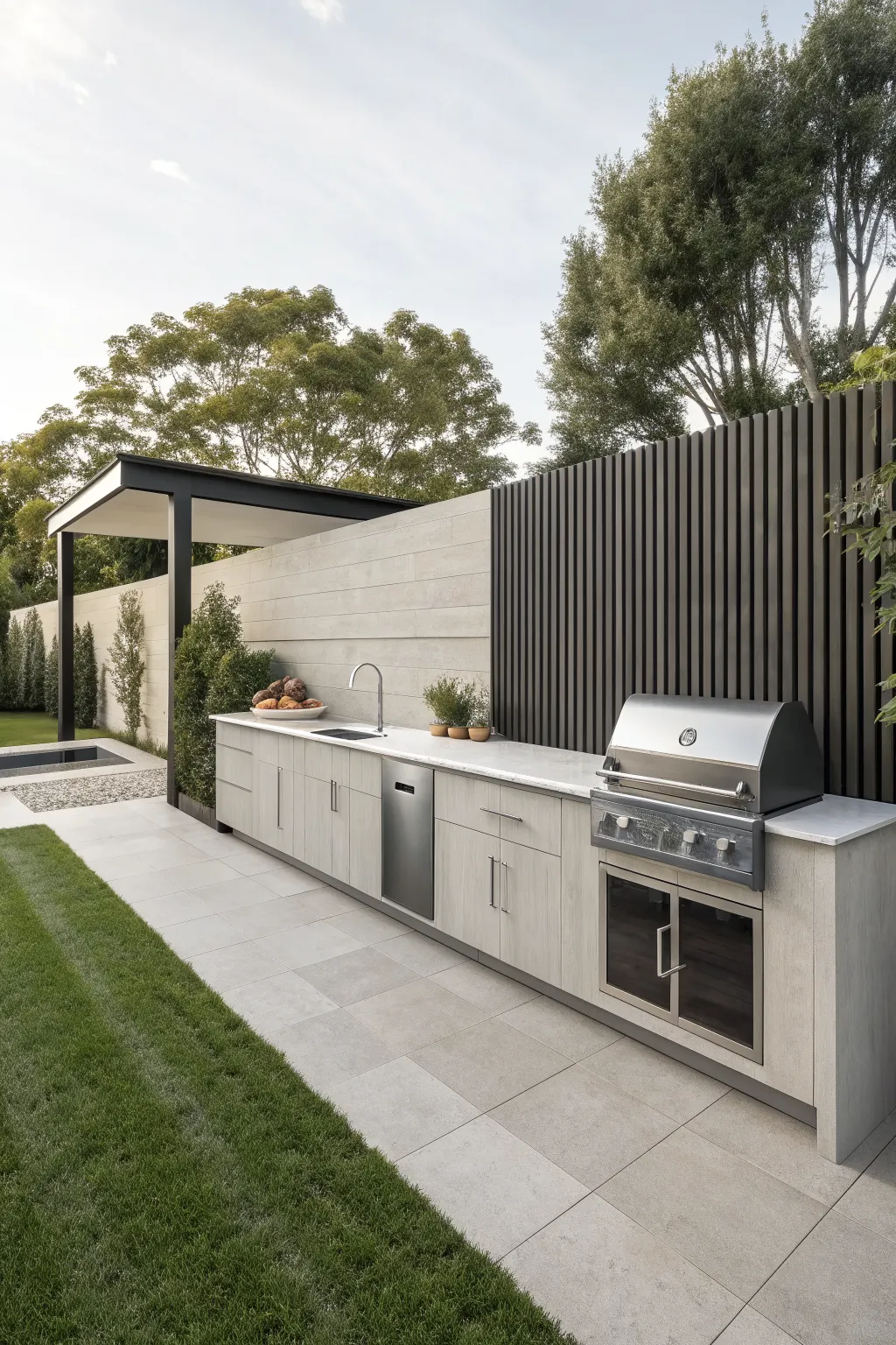 Minimalist outdoor kitchen with white cabinets, sink and stainless grill along a slatted fence