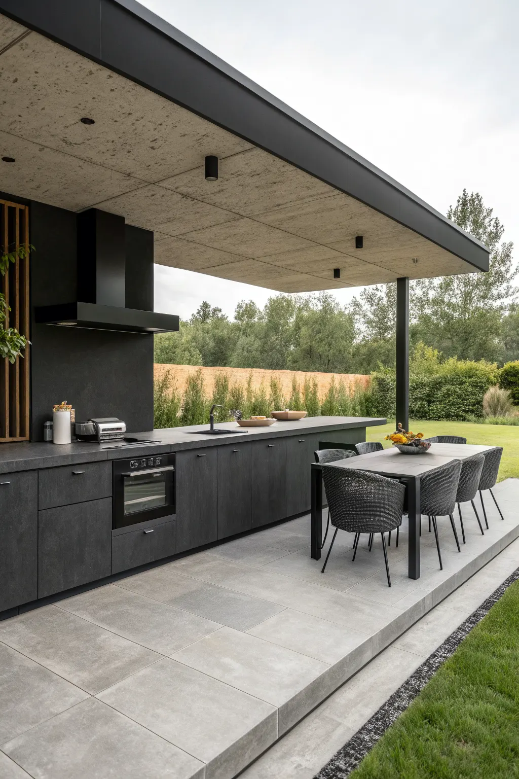 Modern outdoor kitchen with black cabinets, concrete ceiling, grill hood, and dining table on a patio