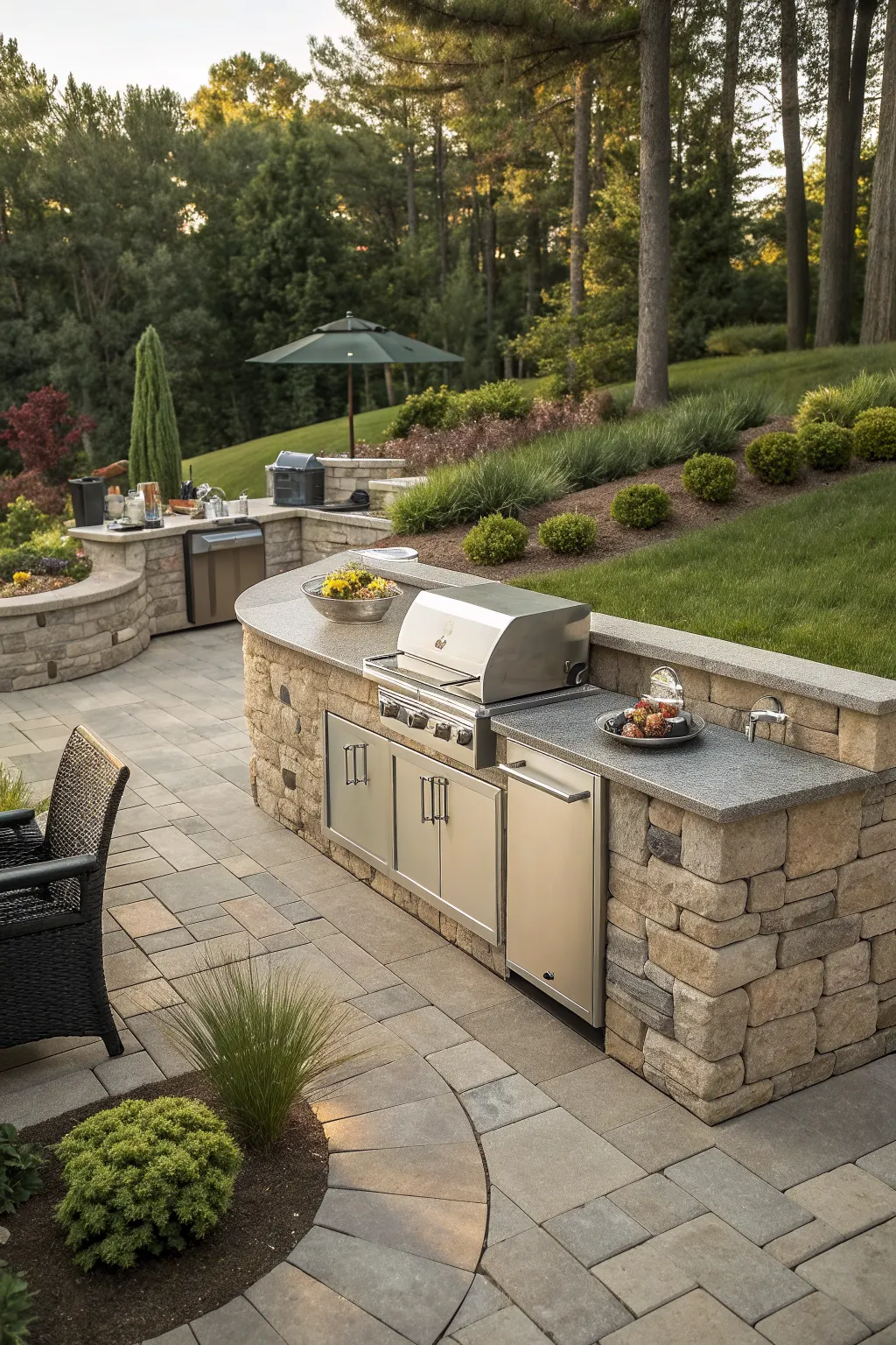 Stone retaining wall outdoor kitchen with stainless grill and cabinets on a landscaped patio