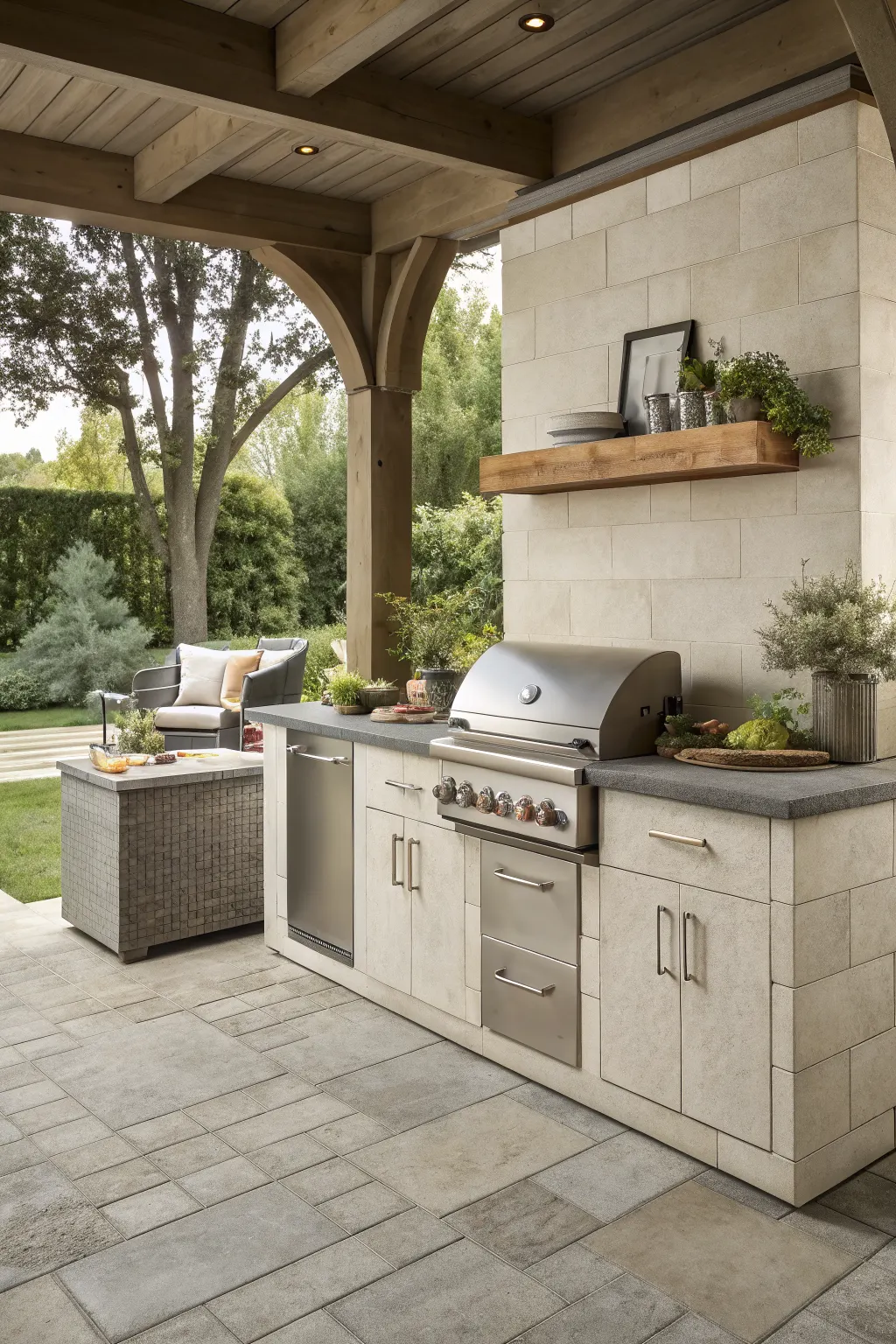 Covered patio outdoor kitchen with tiled cabinets, stainless grill, stone counters, and wood shelf