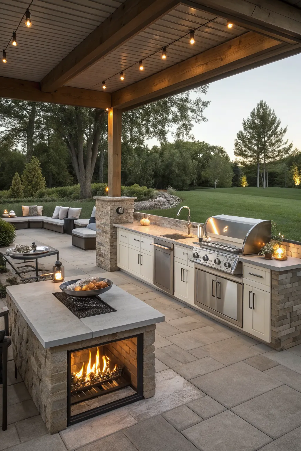 Covered stone patio kitchen with stainless grill, sink, fireplace island, and nearby lounge seating