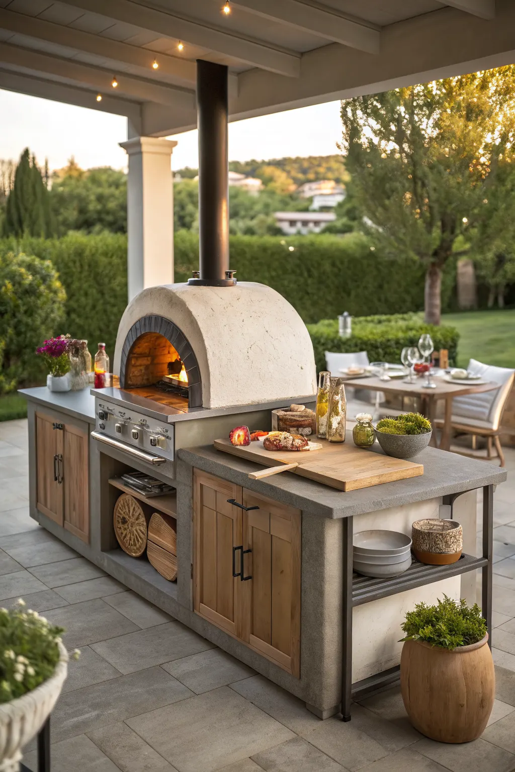 Covered patio outdoor kitchen with white pizza oven, wood cabinets, and dining table in garden
