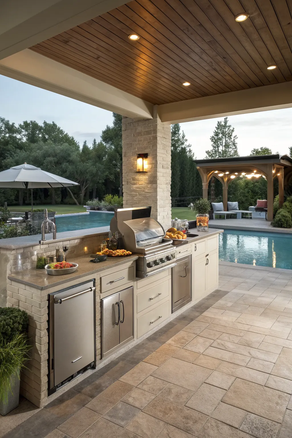 Covered poolside outdoor kitchen with stone island, stainless grill, sink, and pass-through counter
