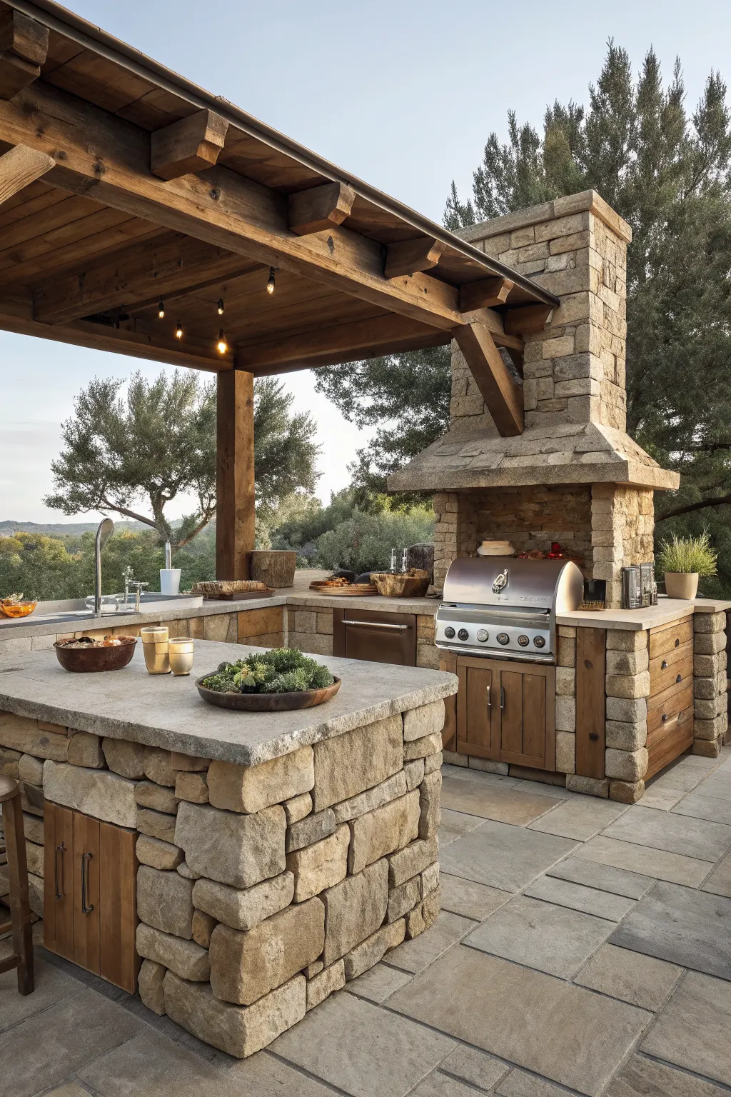 Stone patio kitchen with wood pergola, grill, chimney, and island under warm string lights