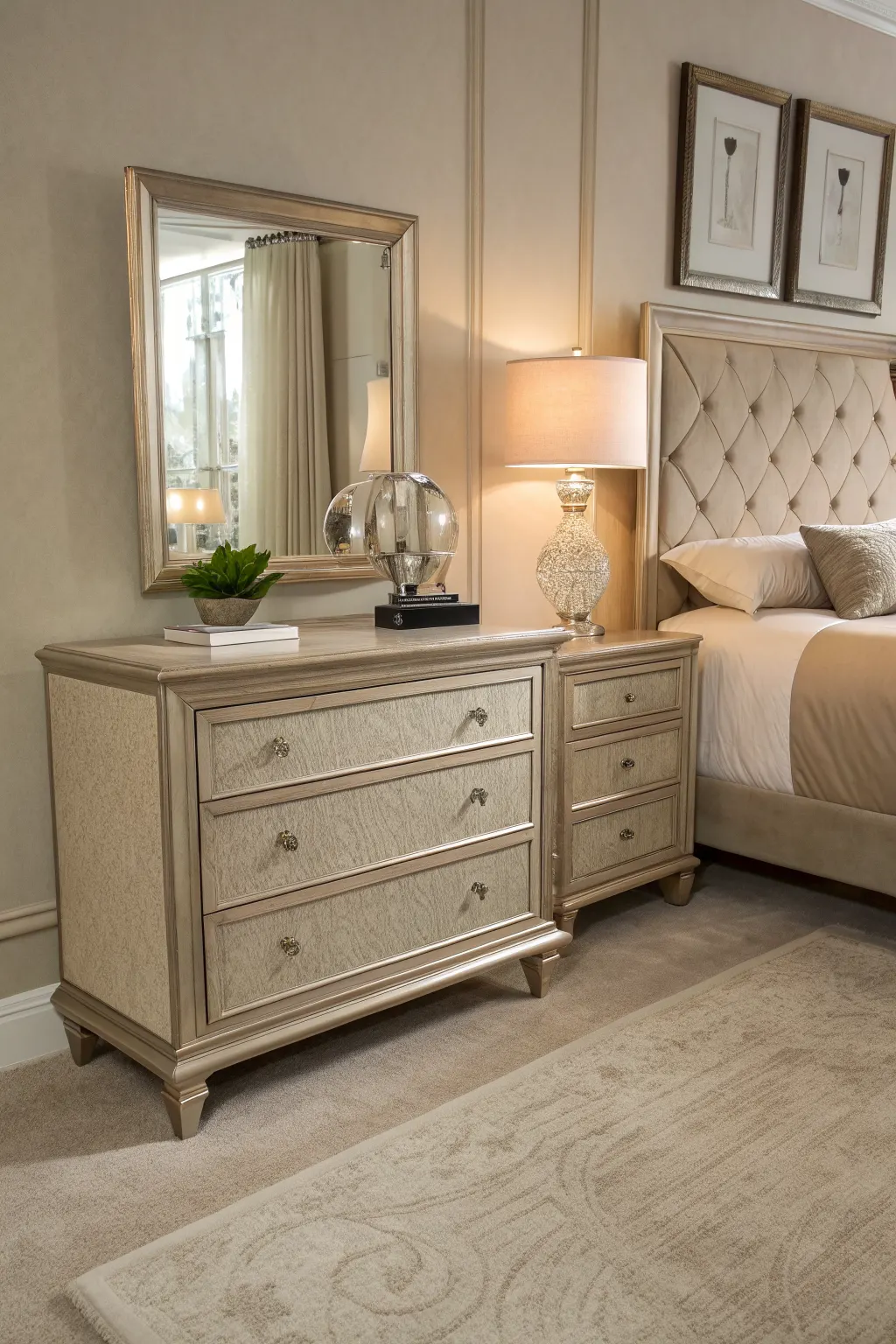 Matching cream dresser vanity and nightstand beside tufted bed, with mirror and lamp in neutral bedroom