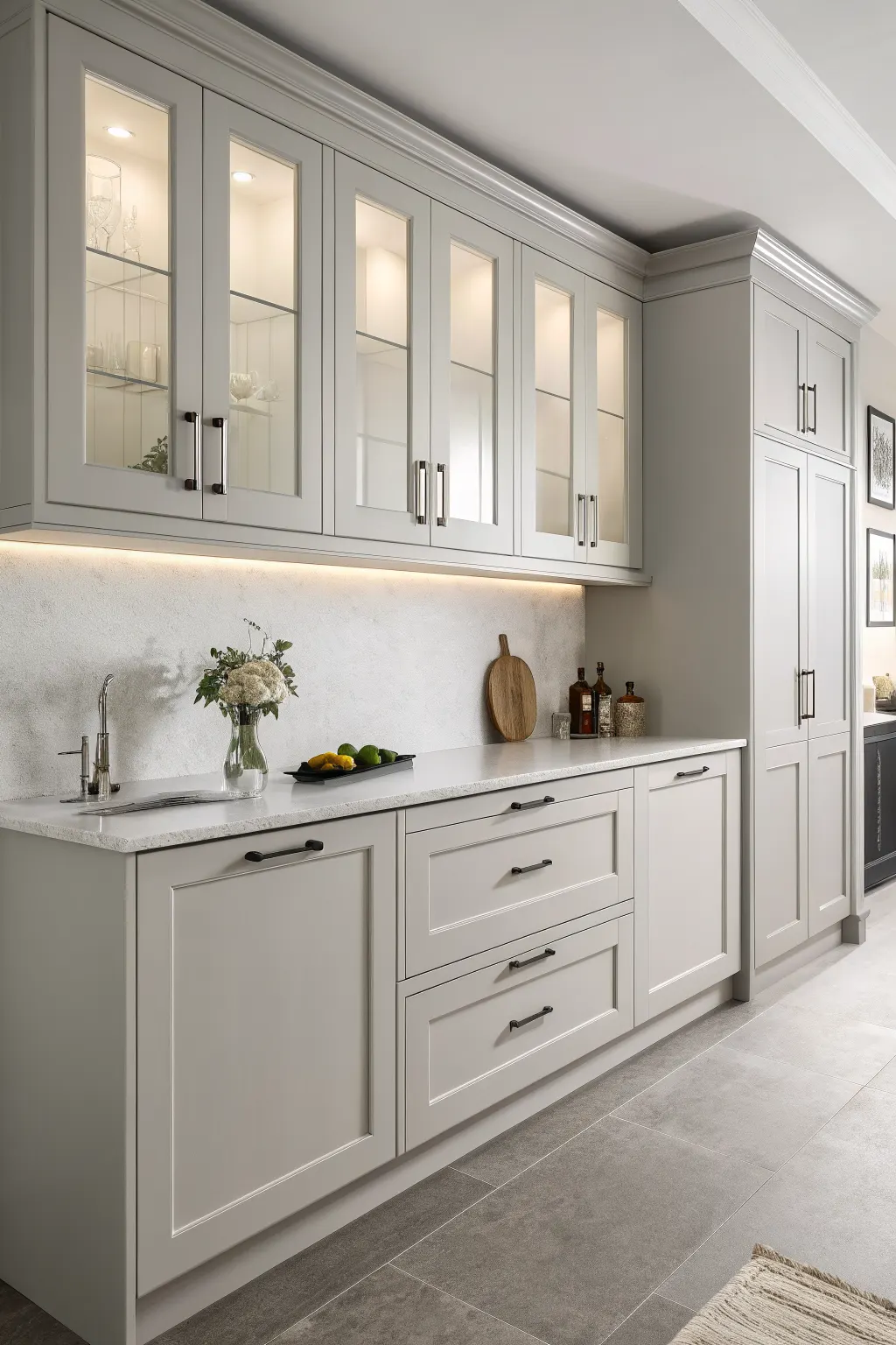 Light gray slim shaker kitchen cabinets with glass uppers, white countertop, and under-cabinet lighting