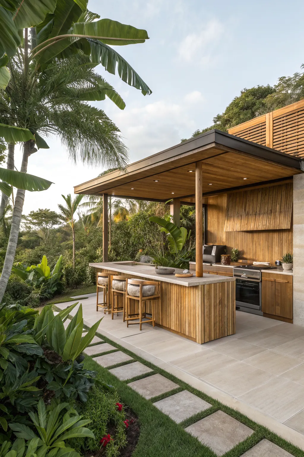 Tropical outdoor kitchen with bamboo island, wood bar stools, grill, and lush palm-filled backyard