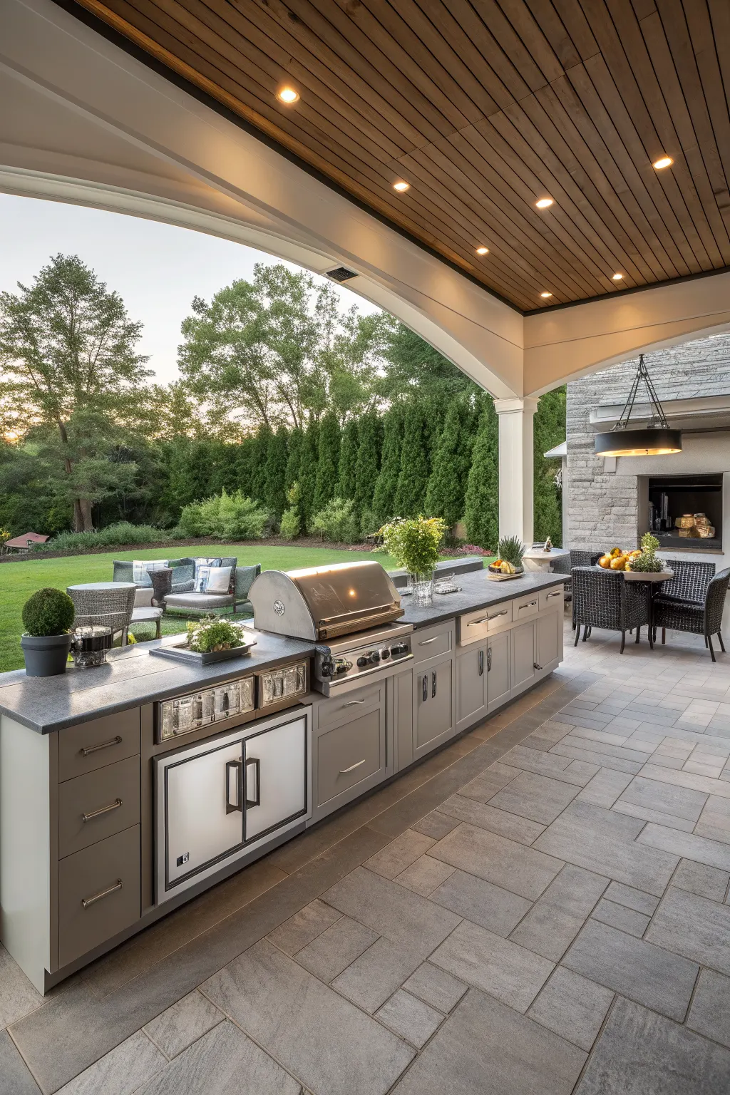 Covered backyard kitchen with stainless grill, gray cabinets, patio dining area, and lawn view