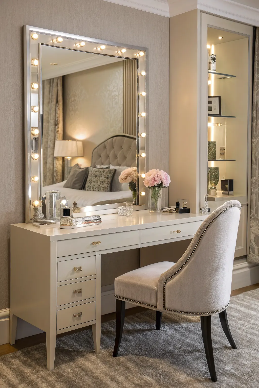 White bedroom vanity with bulb-lit oversized mirror, upholstered chair, pink flowers, and shelves
