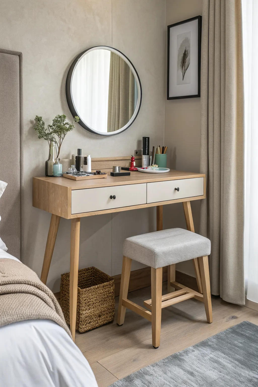 Light wood vanity with round mirror and upholstered stool in a neutral bedroom corner
