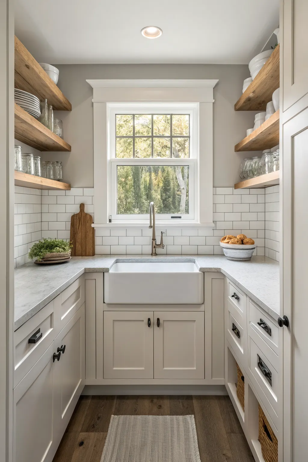 25 Farmhouse Kitchen Sink Ideas for a Charming, Timeless Kitchen Small kitchen nook with a narrow white apron-front sink, slim faucet, open shelves, and a light reflective backsplash in a