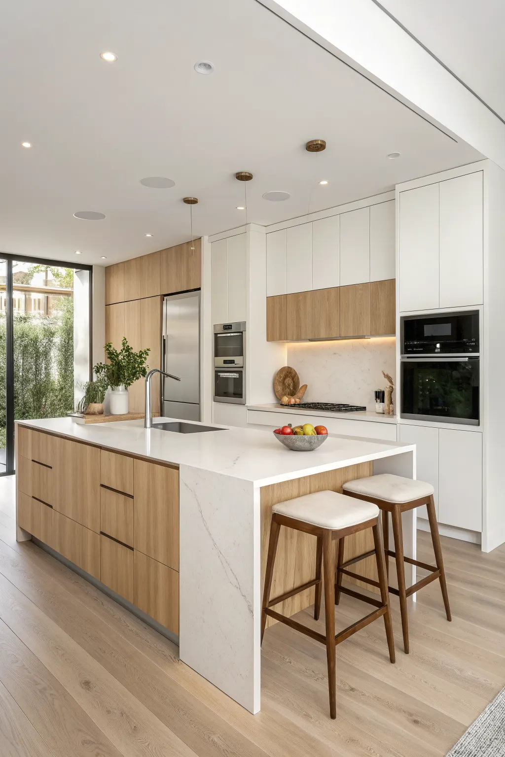 Small minimalist kitchen with a compact island, hidden storage, and two stools in a clean modern space.